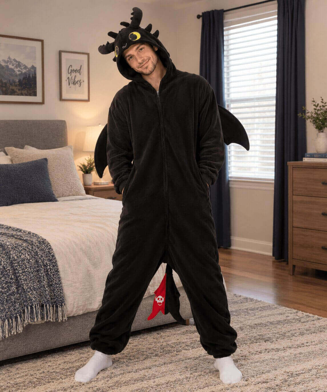 Matching 3D dragon onesies for couples in black and white