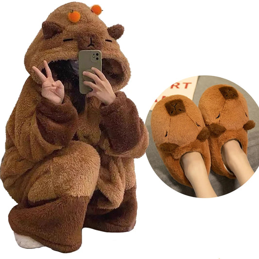 3D Capybara Plush Fleece Hooded Loungewear Suit