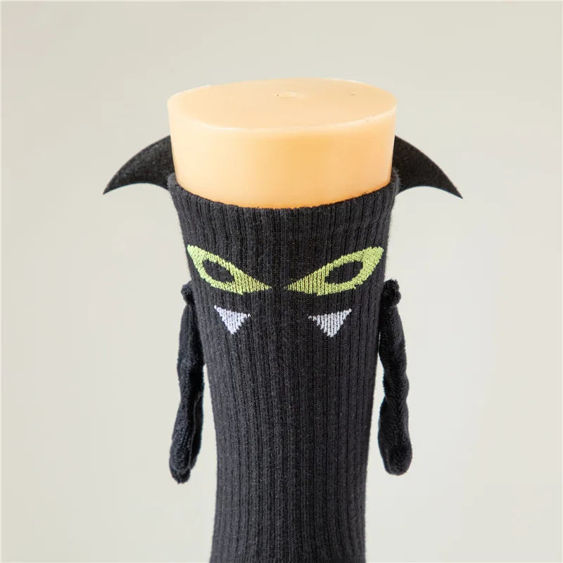Halloween Magnetic Hand-Holding Socks – Bat & Ghost Couple Socks with 3D Wings (Unisex, Mid-Calf)
