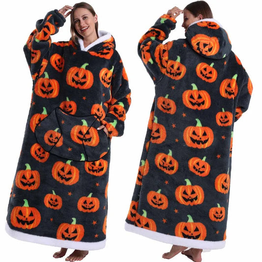 Halloween Print Sherpa Fleece Oversized Wearable Blanket Hoodie