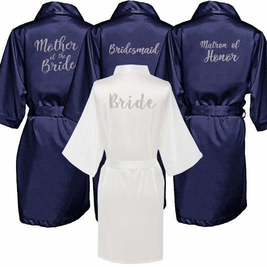 Navy Blue Satin Bridal Shower Robes With Silver Letters BigBeryl
