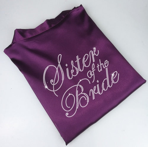 Royal Purple Satin Bride & Bridesmaid Bridal Party Robes with Rhinestone Writing BigBeryl