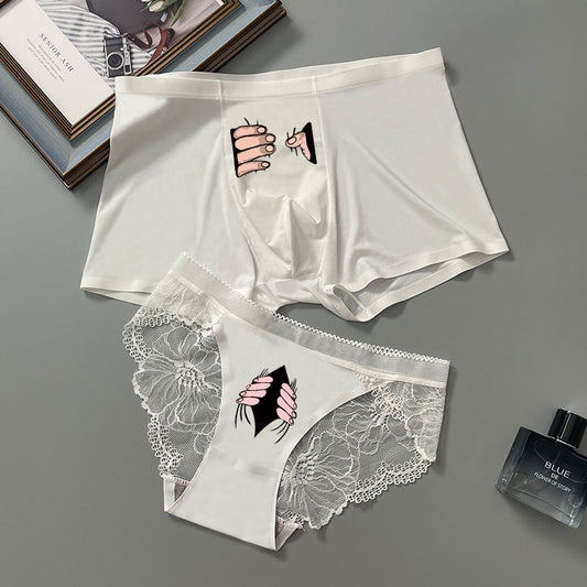 Minimalist Printed Sexy Ice Silk Matching Underwear Set For Couples BigBeryl
