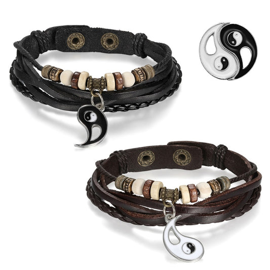 Matching Leather Yin Yang Couples Bracelets Set of 2 - BigBeryl