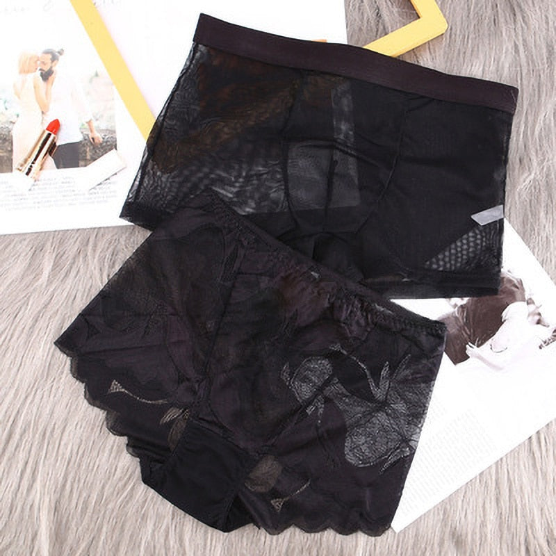 Printed Mesh & Lace Matching Couples Underwear Sets - BigBeryl