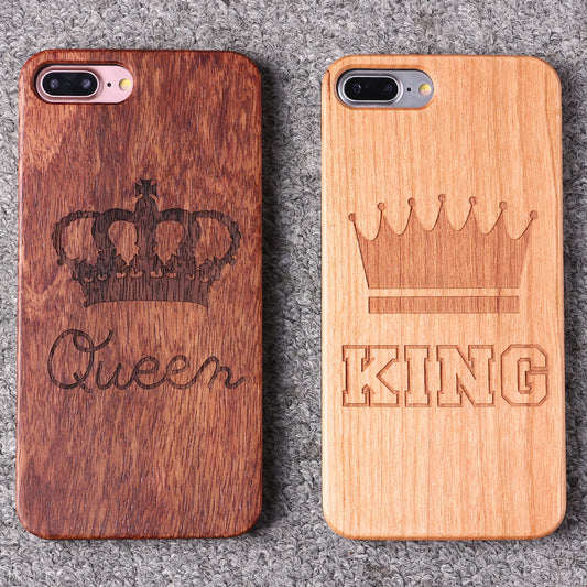 King and Queen Wood Carved iPhone Case for Couples - BigBeryl
