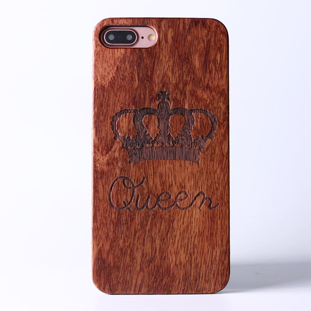 King and Queen Wood Carved iPhone Case for Couples - BigBeryl