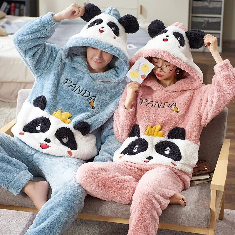 Blue And Pink Panda Hoodie Pajama Sets BigBeryl