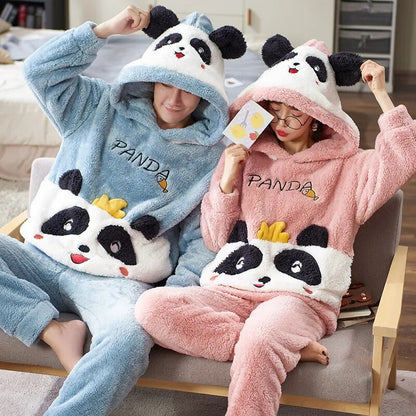 Blue And Pink Panda Hoodie Pajama Sets
