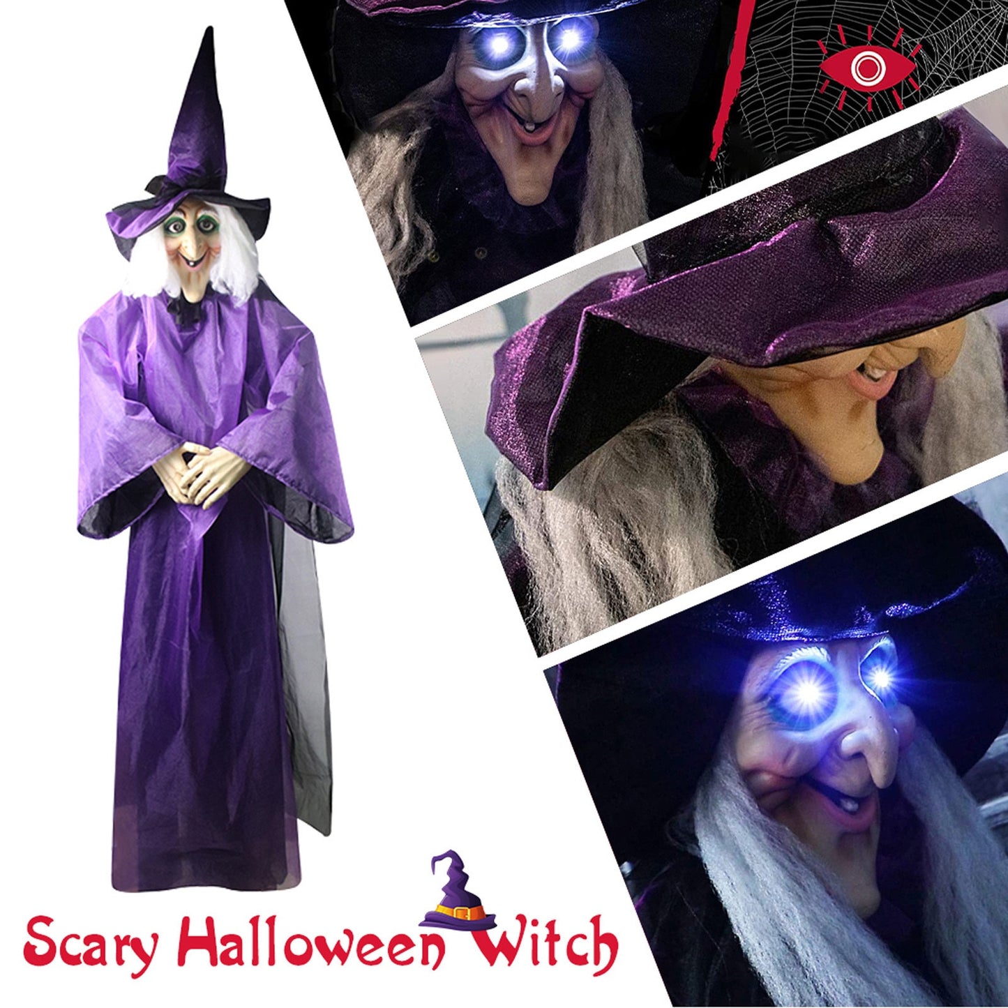 Creepy Witch Hanging Halloween Prop With Red Flashing Eyes
