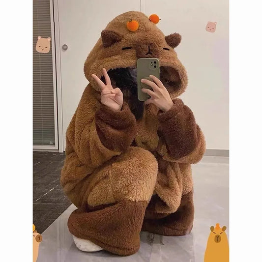 3D Capybara Plush Fleece Hooded Loungewear Suit