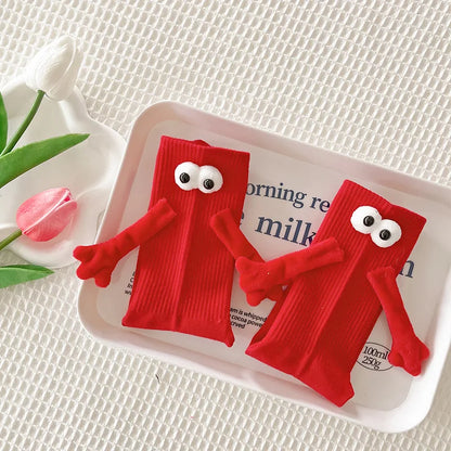 Magnetic Hand Holding Socks with 3D Eyes – Funny Couple Socks in Red, Yellow, Green & Pink (1 Pair, Unisex)