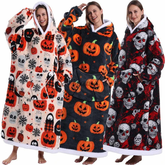 Halloween Print Sherpa Fleece Oversized Wearable Blanket Hoodie