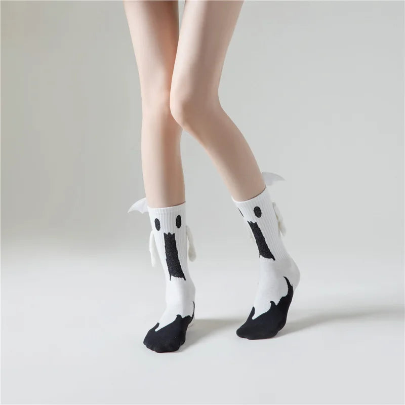 Halloween Magnetic Hand-Holding Socks – Bat & Ghost Couple Socks with 3D Wings (Unisex, Mid-Calf)