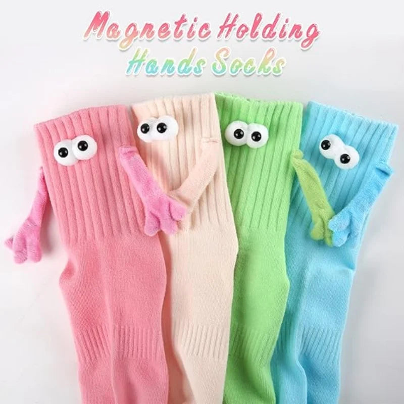 Magnetic Hand Holding Socks with 3D Eyes – Funny Couple Socks in Red, Yellow, Green & Pink (1 Pair, Unisex)