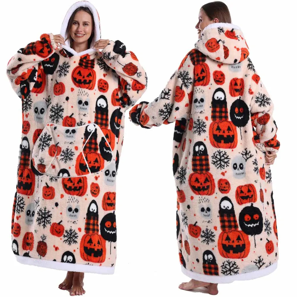 Halloween Print Sherpa Fleece Oversized Wearable Blanket Hoodie