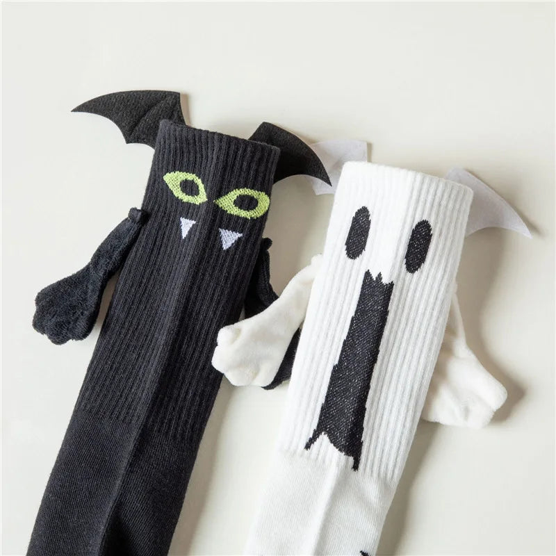 Halloween Magnetic Hand-Holding Socks – Bat & Ghost Couple Socks with 3D Wings (Unisex, Mid-Calf)