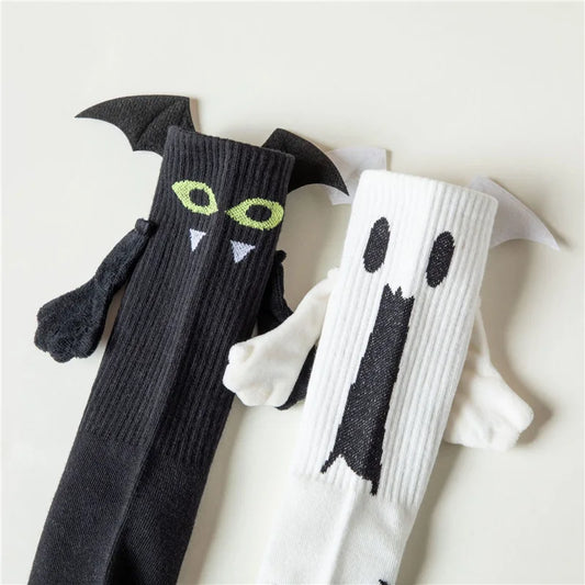 Halloween Magnetic Hand-Holding Socks – Bat & Ghost Couple Socks with 3D Wings (Unisex, Mid-Calf)