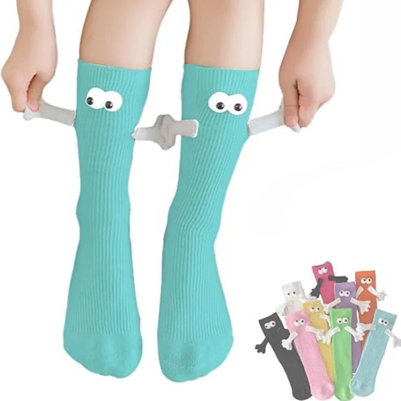 Magnetic Hand Holding Socks with 3D Eyes – Funny Couple Socks in Red, Yellow, Green & Pink (1 Pair, Unisex)
