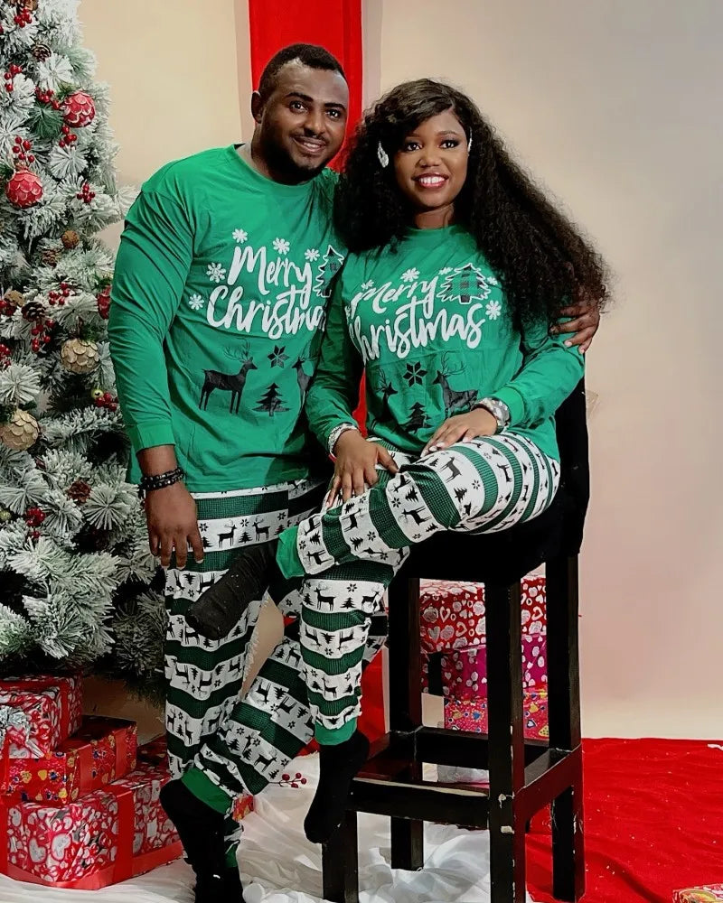 Green Merry Christmas Elk Family Pajamas