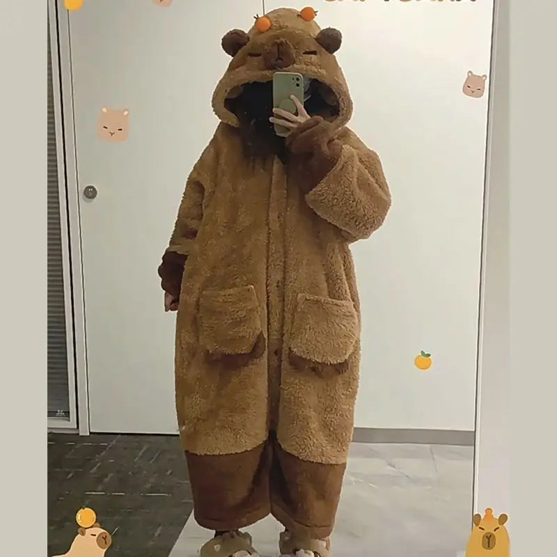 3D Capybara Plush Fleece Hooded Loungewear Suit