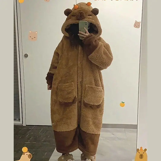 3D Capybara Plush Fleece Hooded Loungewear Suit