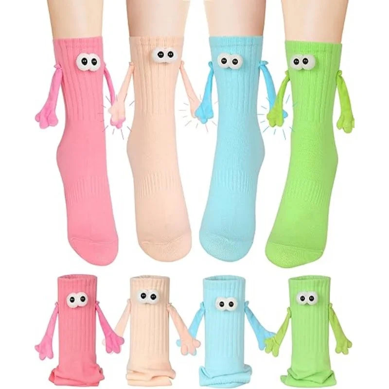 Magnetic Hand Holding Socks with 3D Eyes – Funny Couple Socks in Red, Yellow, Green & Pink (1 Pair, Unisex)