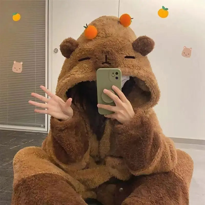 3D Capybara Plush Fleece Hooded Loungewear Suit