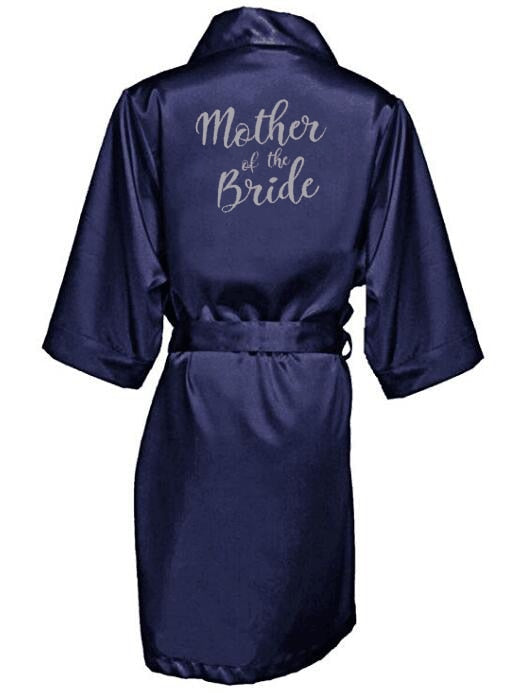 Navy Blue Satin Bridal Shower Robes With Silver Letters