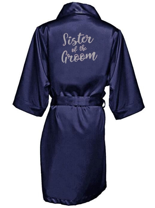 Navy Blue Satin Bridal Shower Robes With Silver Letters BigBeryl