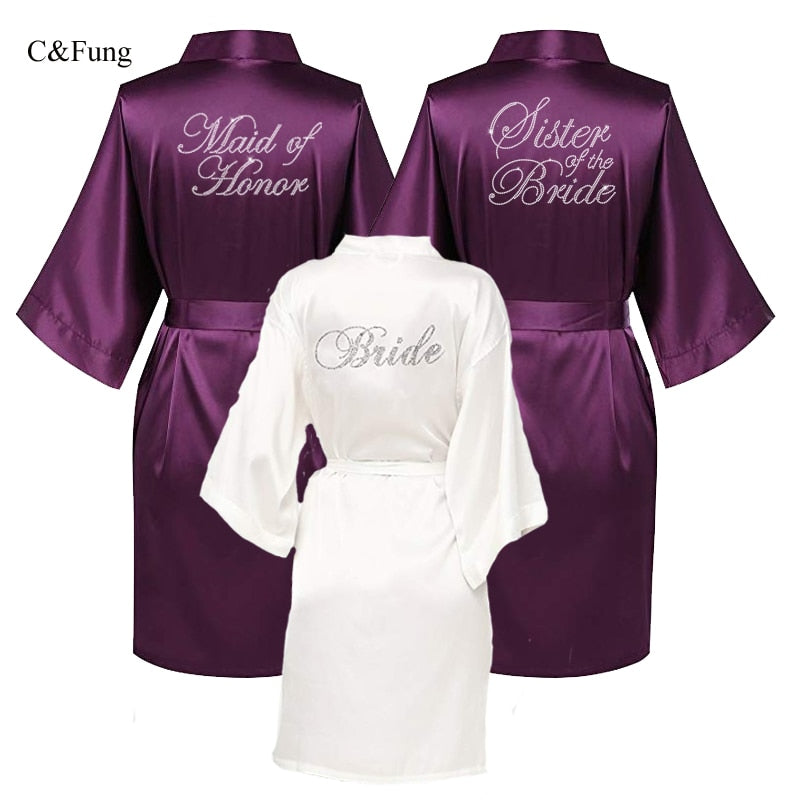 Royal Purple Satin Bride & Bridesmaid Bridal Party Robes with Rhinestone Writing