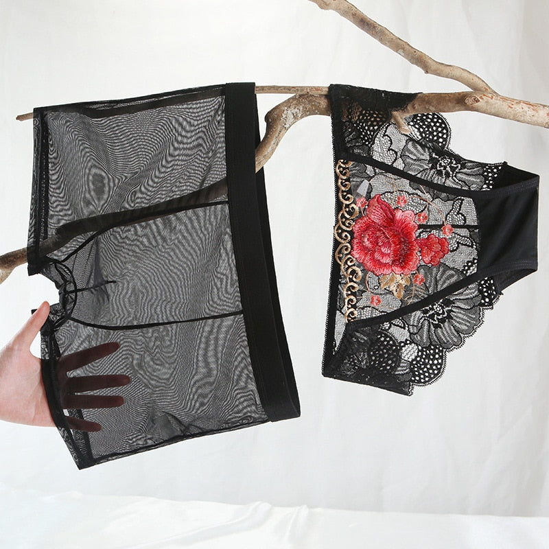 CLZOUD Matching Underwear for Couples Black Lady Sheer Floral Lace