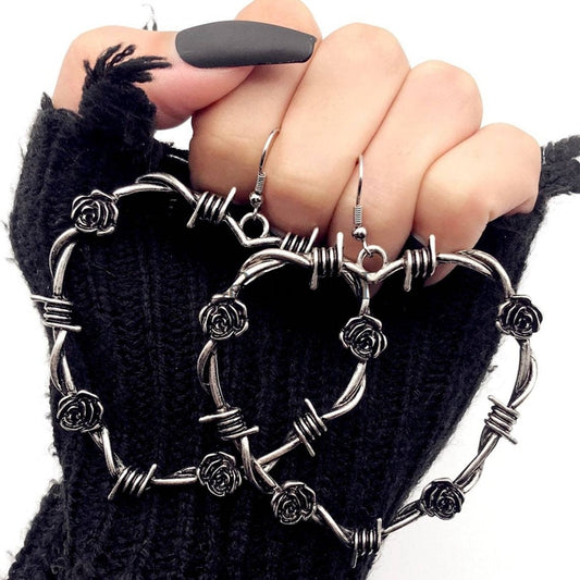 Gothic Barbed Wire Heart Earrings (Available in 7 Designs)