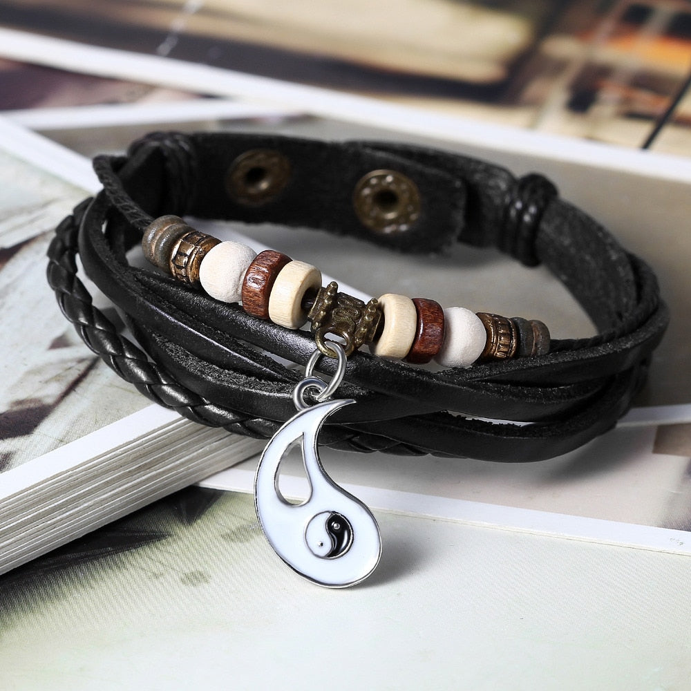 Matching Leather Yin Yang Couples Bracelets Set of 2 - BigBeryl
