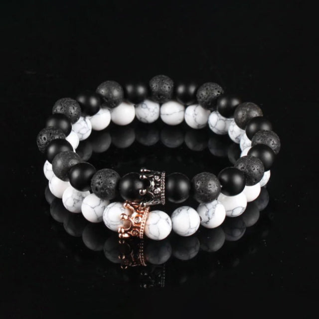 DouVei Adjustable King Queen Crown Beaded Couple Bracelet - Moonstone & Zircon, Multicolor