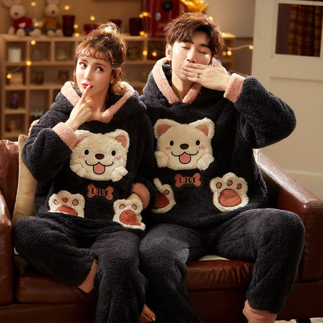 ☍✵SLPBELY Couple Pajamas Set Homesuit Winter Coral Fleece Cartoon Bear Long  Sleeve Men And Women Nig
