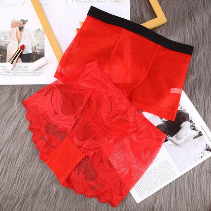 Printed Mesh & Lace Matching Couples Underwear Sets - BigBeryl