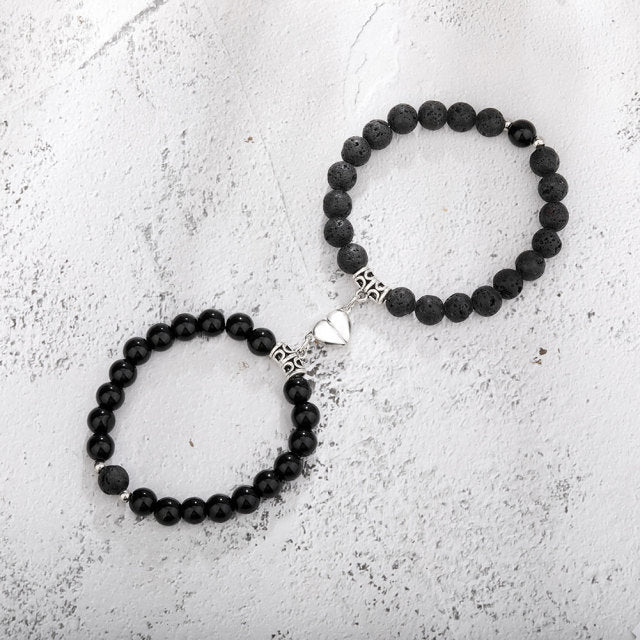 Beaded Black Lava Stone Heart Charm Bracelet
