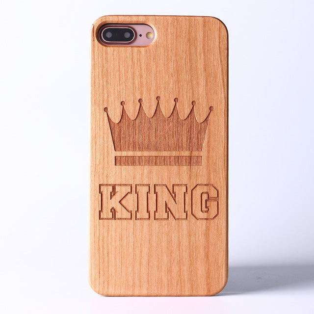 King and Queen Wood Carved iPhone Case for Couples - BigBeryl