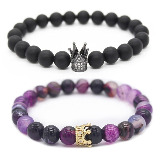 Purple Crystal Real Stone Beads His and Hers Crown Bracelet | Distance Bracelets [Set of 2] - BigBeryl