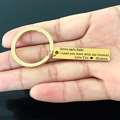 Drive Safe I Need You Here With Me Engraved Keychain with Custom Names - BigBeryl